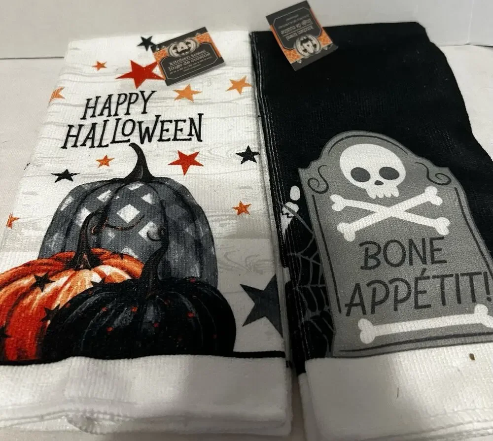 NWT~Two Halloween Kitchen Towels -15 x 25”~ Skull & Bones & Happy Halloween